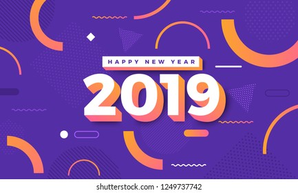 Geometric background btight color. Template design poster banner website.Greeting card with inscription Happy New Year 2019. Vector Illustrations.