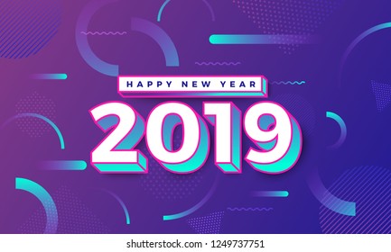 Geometric background btight color. Template design poster banner website.Greeting card with inscription Happy New Year 2019. Vector Illustrations.