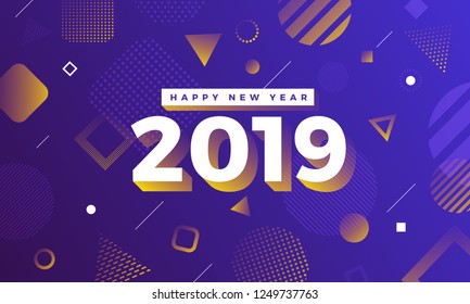 Geometric background btight color. Template design poster banner website.Greeting card with inscription Happy New Year 2019. Vector Illustrations.