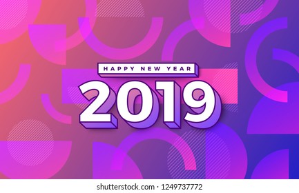 Geometric background btight color. Template design poster banner website.Greeting card with inscription Happy New Year 2019. Vector Illustrations.