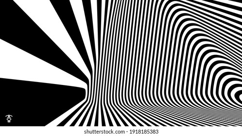 The geometric background by stripes. Black and white modern pattern with optical illusion. 3d vector illustration for brochure, annual report, magazine, poster, presentation, flyer or banner. 