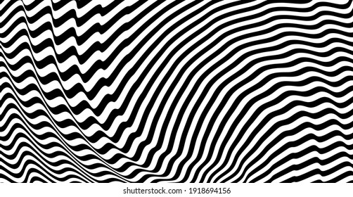 The geometric background by stripes. Black and white modern pattern with optical illusion. 3d vector illustration for brochure, annual report, magazine, poster, presentation, flyer or banner. 