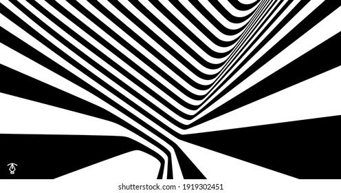 The geometric background by stripes. Black and white modern pattern with optical illusion. 3d vector illustration for brochure, annual report, magazine, poster, presentation, flyer or banner. 