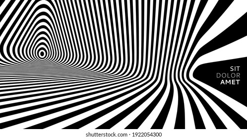 The geometric background by stripes. Black and white modern pattern with optical illusion. 3d vector illustration for brochure, annual report, magazine, poster, presentation, flyer or banner. 