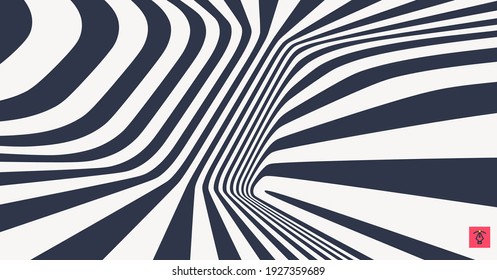 The geometric background by stripes. Black and white modern pattern with optical illusion. 3d vector illustration for brochure, annual report, magazine, poster, presentation, flyer or banner. 