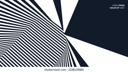 The geometric background by stripes. Black and white modern pattern with optical illusion. 3d vector illustration for brochure, annual report, magazine, poster, presentation, flyer or banner. 