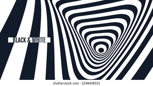 The geometric background by stripes. Black and white modern pattern with optical illusion. 3d vector illustration for brochure, annual report, magazine, poster, presentation, flyer or banner. 