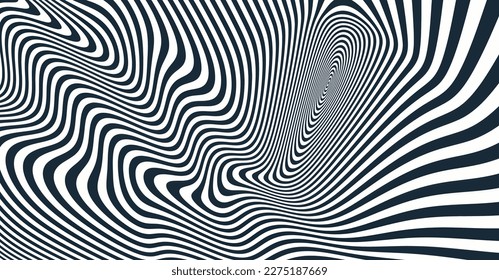The geometric background by stripes. Black and white modern pattern with optical illusion. 3d vector illustration for brochure, annual report, magazine, poster, presentation, flyer or banner. 