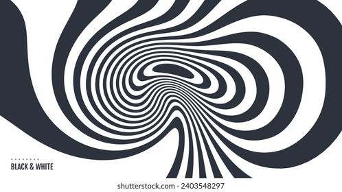 The geometric background by stripes. Black and white modern pattern with optical illusion. 3d vector illustration for brochure, annual report, magazine, poster, presentation, flyer or banner.