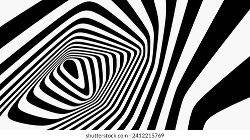 The geometric background by stripes. Black and white modern pattern with optical illusion. 3d vector illustration for brochure, annual report, magazine, poster, presentation, flyer or banner.