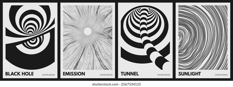 The geometric background by stripes. Black and white modern pattern with optical illusion. Psychedelic stripes. Hole made from flying particles. Abstract circular background with many thin lines. 