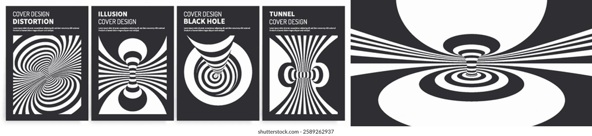 The geometric background by stripes. Black and white modern pattern with optical illusion. Psychedelic stripes. 3d vector illustration for brochure, magazine, poster, presentation, flyer or banner. 