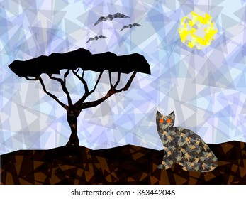 Geometric background with cat, moon and tree