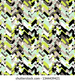Geometric background with chevron shapes in moss green colors. Vector seamless geometric glitch pattern. Bold chevron background and texture. Sporty colorful zig zag print. Digital camouflage