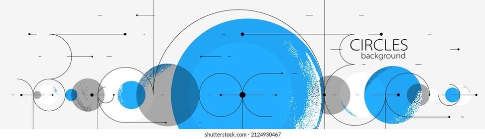 Geometric background with circles and lines vector art, abstract composition technical plan, flat minimal techno system.