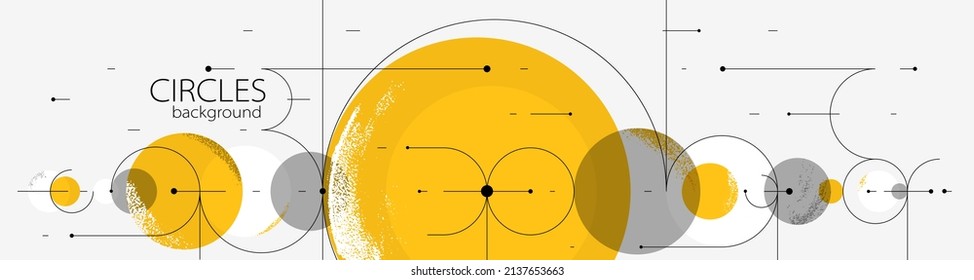 Geometric background with circles and lines vector art, abstract composition technical plan, flat minimal techno system.