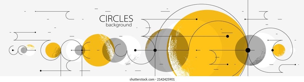 Geometric background with circles and lines vector art, abstract composition technical plan, flat minimal techno system.