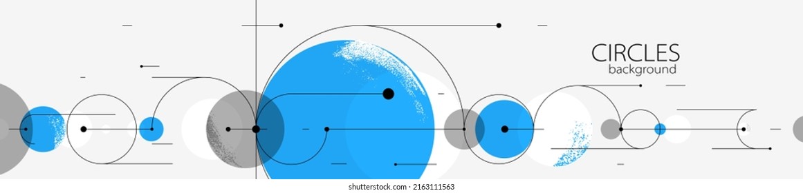 Geometric background with circles and lines vector art, abstract composition technical plan, flat minimal techno system.