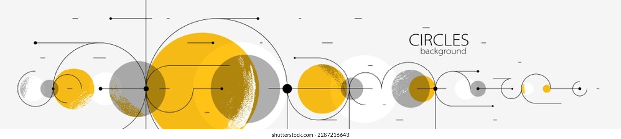 Geometric background with circles and lines vector art, abstract composition technical plan, flat minimal techno system.