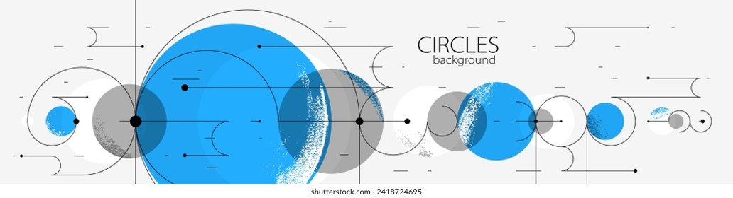 Geometric background with circles and lines vector art, abstract composition technical plan, flat minimal techno system.