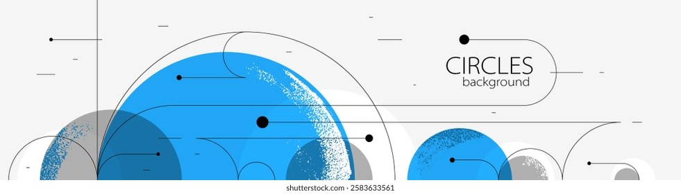 Geometric background with circles and lines vector art, abstract composition technical plan, flat minimal techno system.
