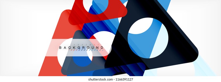 Plano de fundo geométrico, círculos e triângulos moldam banner. Ilustração vetorial para folheto ou folheto comercial, apresentação e layout de design da Web