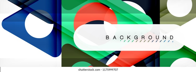 Plano de fundo geométrico, círculos e triângulos moldam banner. Ilustração vetorial para folheto ou folheto comercial, apresentação e layout de design da Web