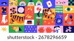 Geometric background of circus. Colourful pattern of clowns, tiger jumping through flaming hoop, magician tricks. Cirque performance, funny carnival. Purim party banner. Flat vector illustration