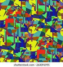 Geometric background of colored randomly distributed elements. Seamless.