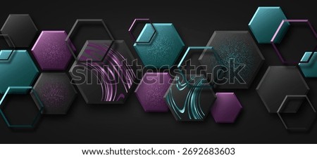 Geometric background of colorful 3D hexagons textured with shiny striped wavy pattern and dotted texture. Abstract design for greeting card or fashion banner. Vector illustration.
