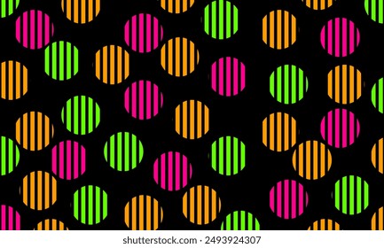 Geometric background with colorful circle motifs and lines on a black background