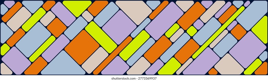 Geometric background with colorful rounded squares and blocks, Stained glass style mosaic pattern for trendy landing page with black border lines, abstract shapes of smooth rectangles