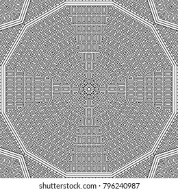 Geometric background. Coloring book page. Zigzag ornament. Round element for design. Decorative ornament. Mandala background. Ethnic Fractal Mandala. Graphic element.