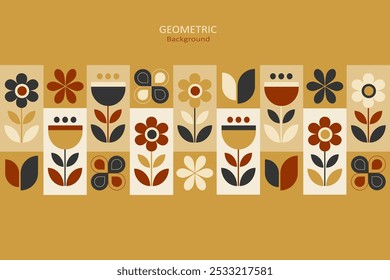 O fundo geométrico é composto de motivos florais e folhas simples em um arranjo semelhante a grade em tons de bege, amarelo e preto em um estilo minimalista com espaço livre para design de texto.