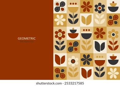 The geometric background is composed of simple floral and leaf motifs in a grid-like arrangement in shades of beige, yellow, and black in a minimalistic style with free space for text design.