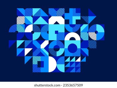 Geometric background composition over dark, vector geometrical abstract stripy pattern, modular tiles with circles and triangles, trendy graphic art composition.