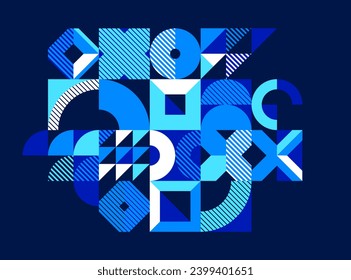 Geometric background composition over dark, vector geometrical abstract stripy pattern, modular tiles with circles and triangles, trendy graphic art composition.