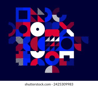 Geometric background composition over dark, vector geometrical abstract stripy pattern, modular tiles with circles and triangles, trendy graphic art composition.