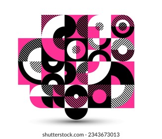 Geometric background composition, vector geometrical abstract stripy pattern, modular tiles with circles and triangles, trendy graphic art composition.