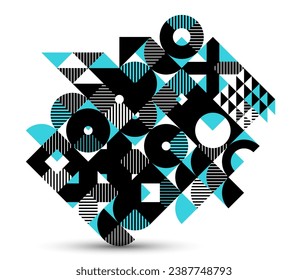 Geometric background composition, vector geometrical abstract stripy pattern, modular tiles with circles and triangles, trendy graphic art composition.