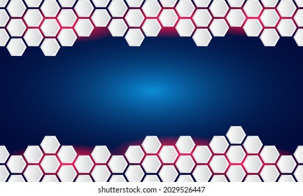 Geometric background consisting of white hexagons with a shadow on a blue background. Abstract Technology, Futuristic Concept.