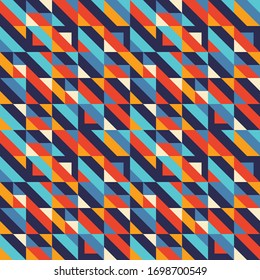 Geometric background design. Abstract seamless pattern. Decorative ornament. Mosaic composition structure. Blue, red, orange, yellow colors. Vector illustration.
