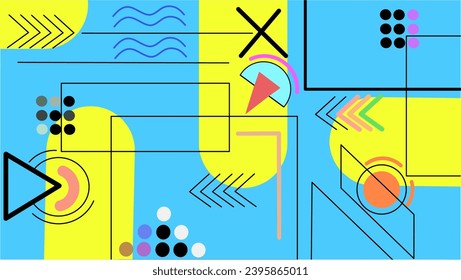 Geometrisches Hintergrunddesign mit geometrischen Formen von Kreisen, Dreiecken, Linien auf blauem Hintergrund