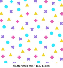 Geometric background with different colorful geometric shapes. Bright Background with triangles, circles and cross in Memphis style.