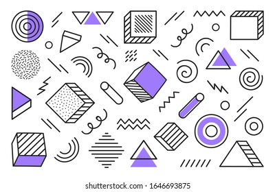 Geometric background with different hand drawn abstract shape. Universal trend halftone geometric shapes with violet elements. Modern vector illustration.