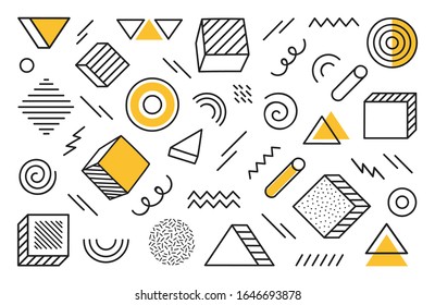 Geometrischer Hintergrund mit unterschiedlicher, handgezeichnet abstrakter Form. Universelle Trendhalbton geometrische Formen mit gelben Elementen. Moderne Vektorillustration.