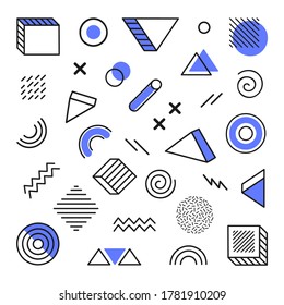 Geometric background with different hand drawn abstract shape. Universal trend halftone geometric shapes with blue elements. Modern vector illustration.