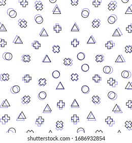 Fondo geométrico con diferentes líneas de formas geométricas. Fondo de explosión con triángulos, círculos y cruces al estilo Memphis. Fondo vectorial de moda