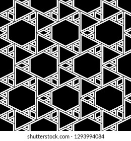 Geometric background. Digital paper, abstract.Triangles, rhombuses, hexagons pattern. Seamless ornament. Polygons motif. Triangular, quadrangular, hexagonal shapes wallpaper. Geometrical backdrop.