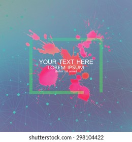 Geometric background dots with connections. Colorful watercolor splatter in the center and place for your text. Can be used for cover book, brochure, magazine, flyer, booklet, web design.